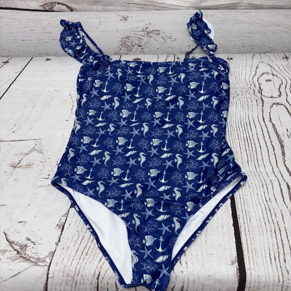 Jess B Blue Nautical Seahorse Starfish Ruffle One Piece Swimsuit Women Large